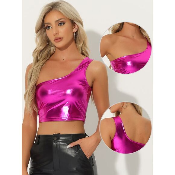 Metallic Crop Top One Shoulder Party Clubwear Holographic Tank Tops Hot Pink - Picture 2 of 7